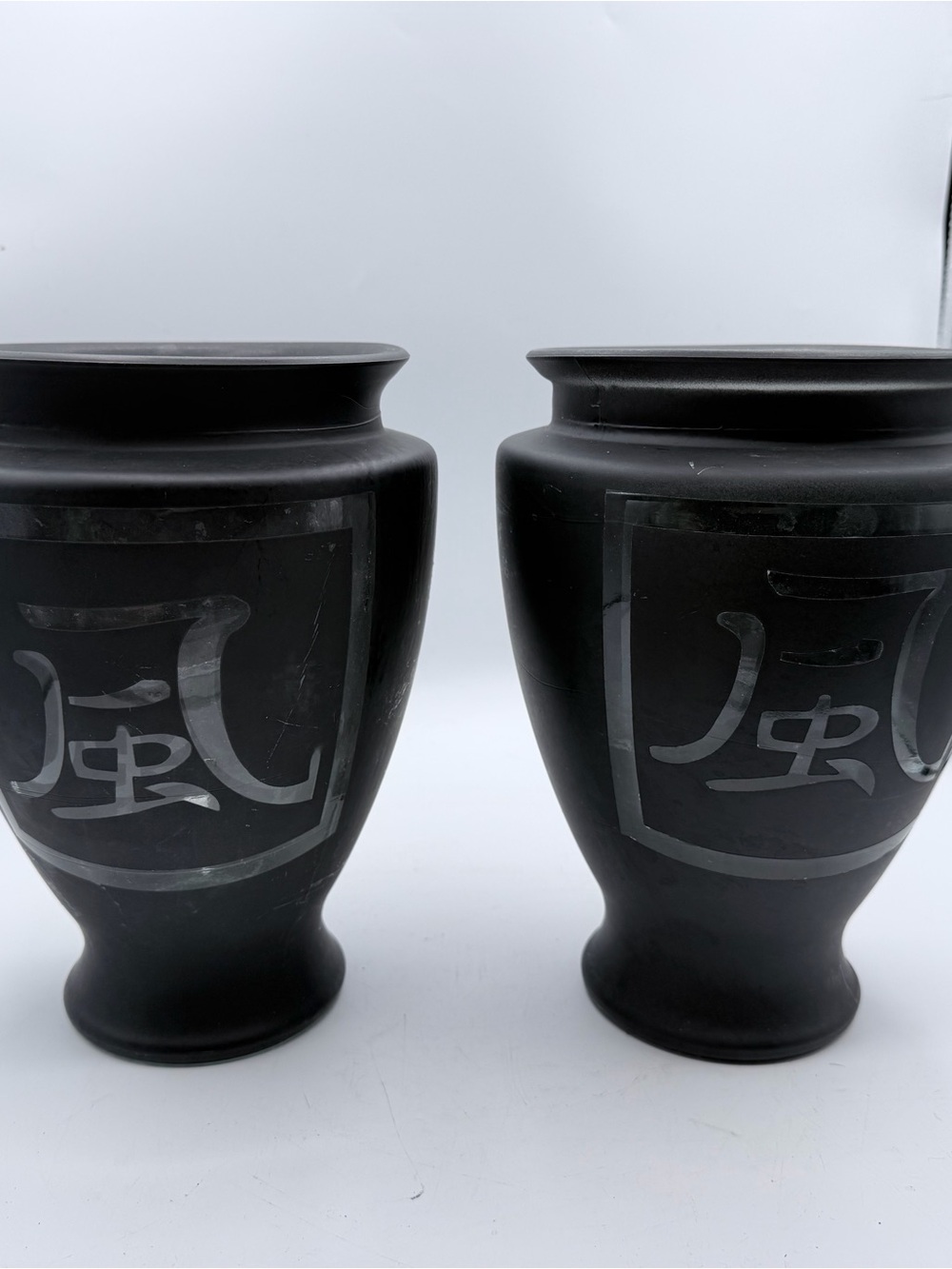 Set of 2 Black Ceramic Vases with Etched Asian Motif